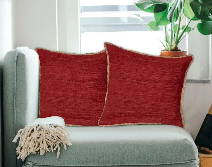 Set of Two 20" Red Cotton And Jute Throw Pillows with Texture