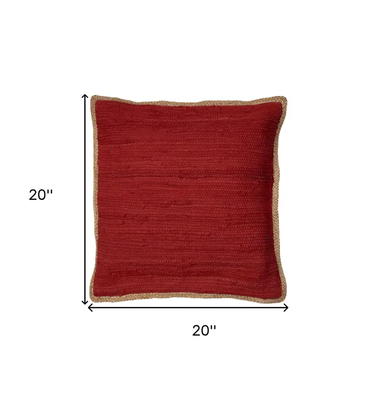 Set of Two 20" Red Cotton And Jute Throw Pillows with Texture