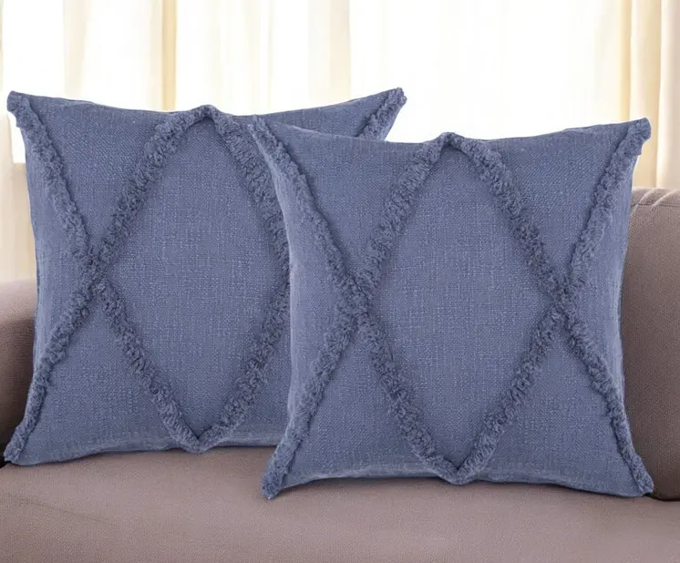 Set of Two Blue Diamond Cotton Throw Pillow With Fringe