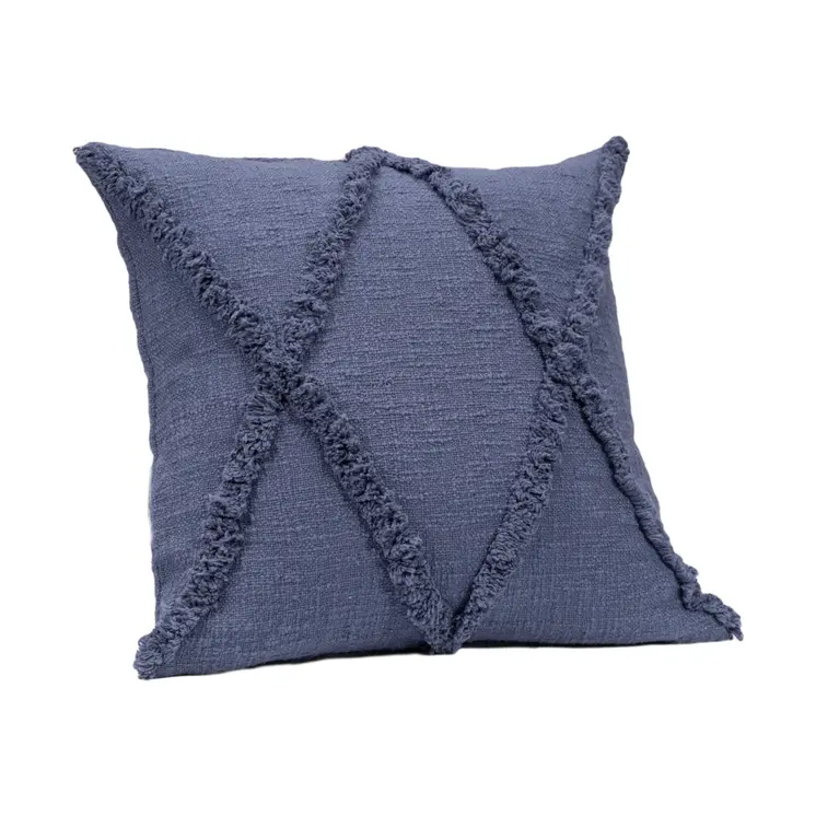 Set of Two Blue Diamond Cotton Throw Pillow With Fringe