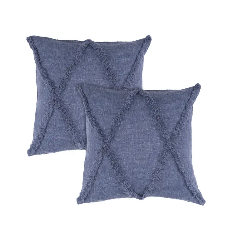 Set of Two Blue Diamond Cotton Throw Pillow With Fringe