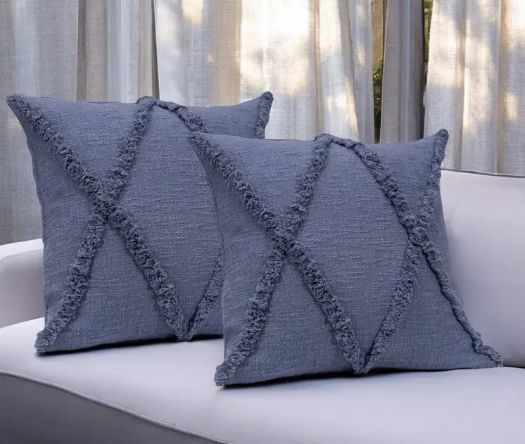 Set of Two Blue Diamond Cotton Throw Pillow With Fringe