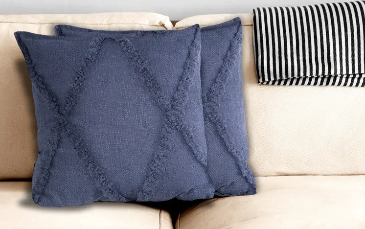 Set of Two Blue Diamond Cotton Throw Pillow With Fringe