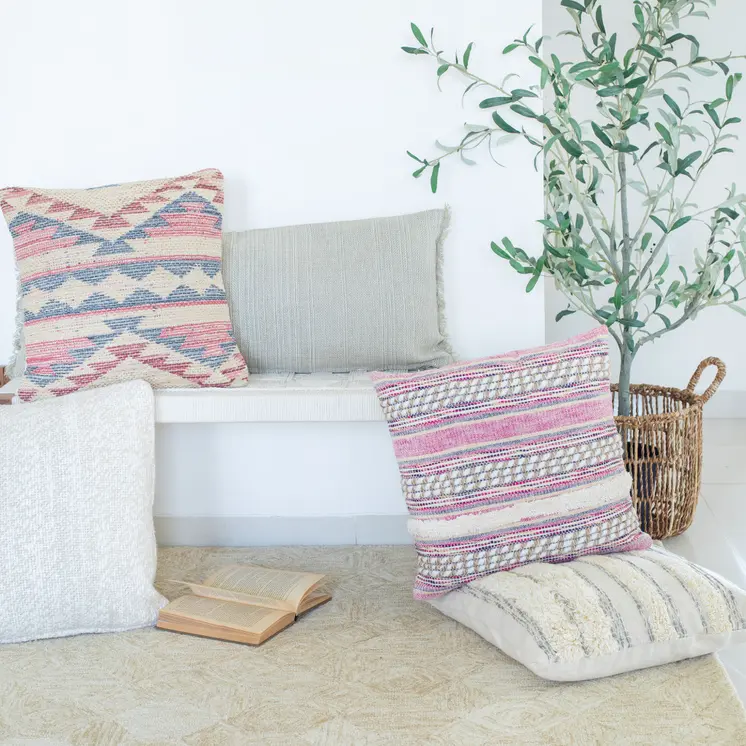 Set of Two Pink Striped Cotton Throw Pillows With Fringe