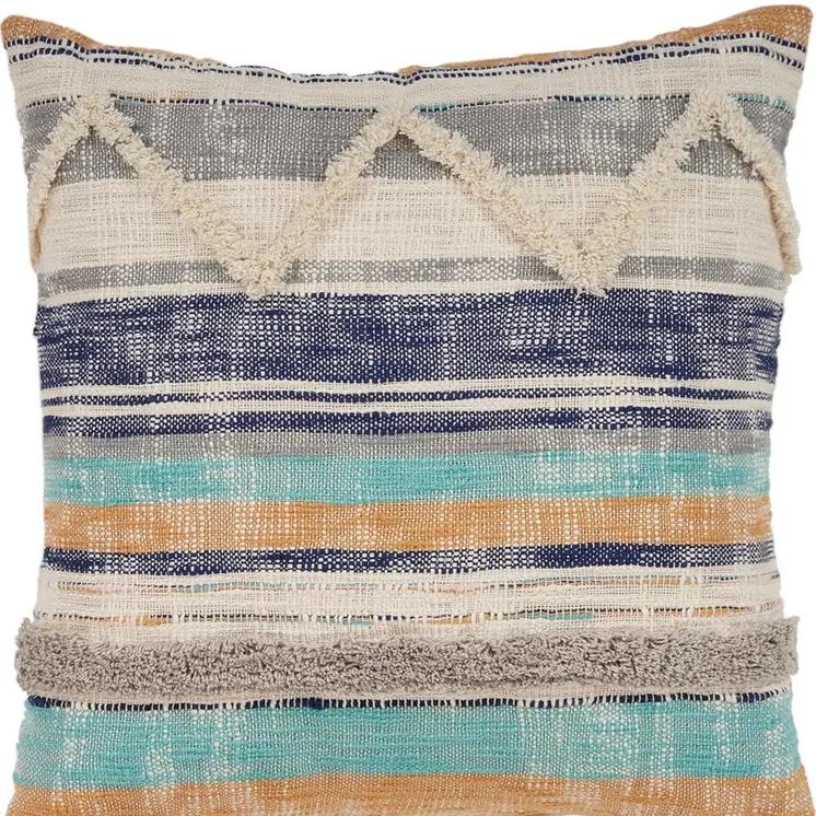 Set of Two Blue Striped Cotton Throw Pillow With Fringe