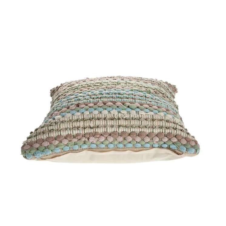 Set of Two 18" Beige Blue and Green Striped Cotton Blend Throw Pillows