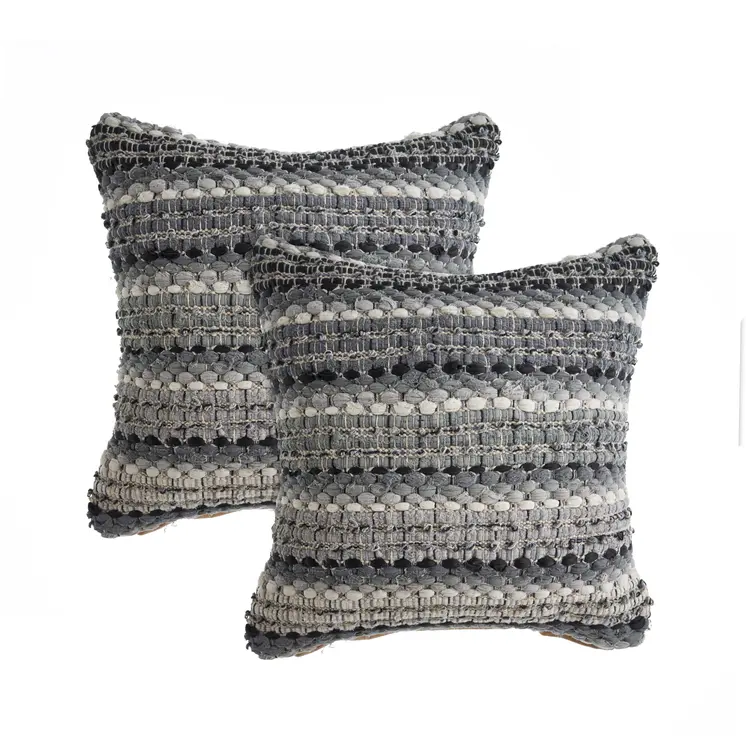 Set of Two 18" Black Gray and Ivory Striped Cotton Blend Throw Pillows with Texture