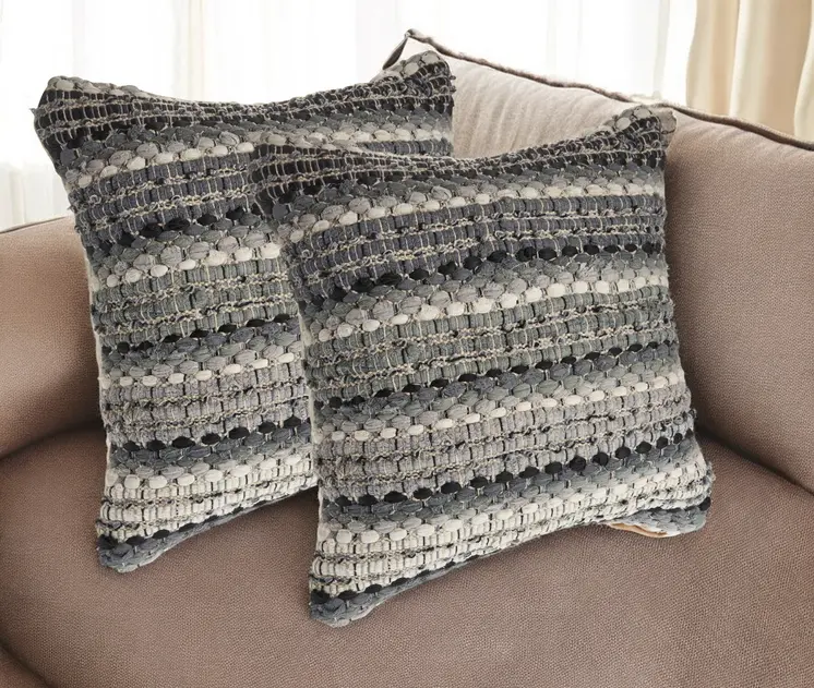 Set of Two 18" Black Gray and Ivory Striped Cotton Blend Throw Pillows with Texture