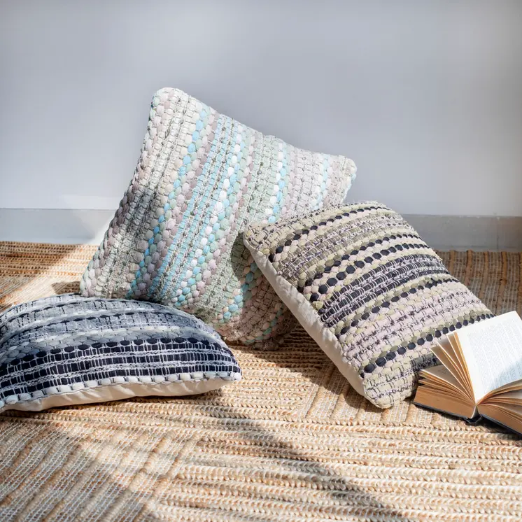 Set of Two 18" Black Gray and Ivory Striped Cotton Blend Throw Pillows with Texture