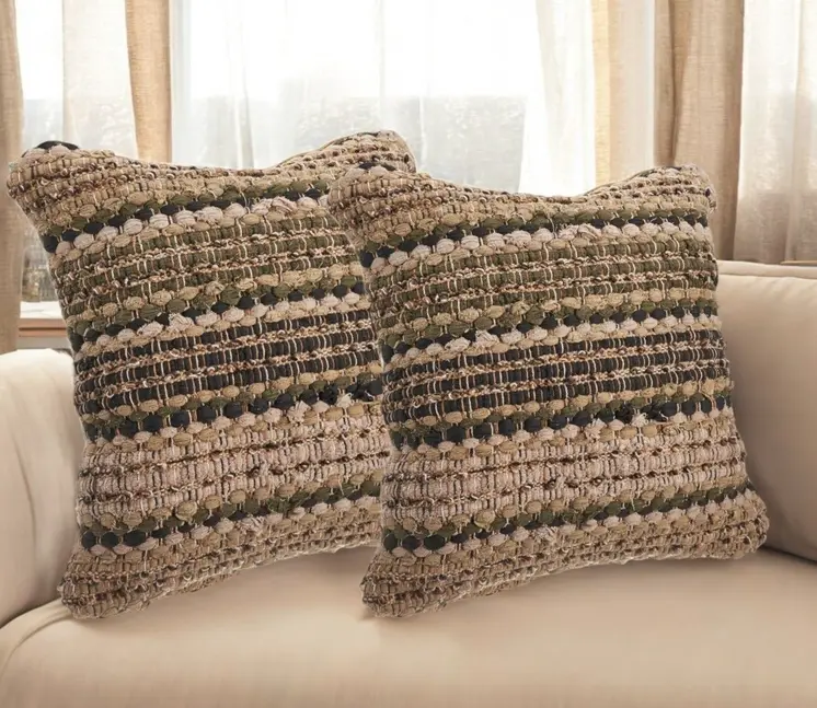 Set of Two 18" Brown and Dark Green Striped Cotton Blend Throw Pillows with Texture
