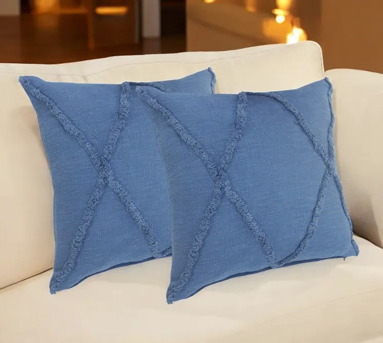 Set of Two Blue Diamond Cotton Throw Pillow With Fringe
