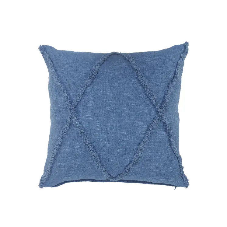 Set of Two Blue Diamond Cotton Throw Pillow With Fringe