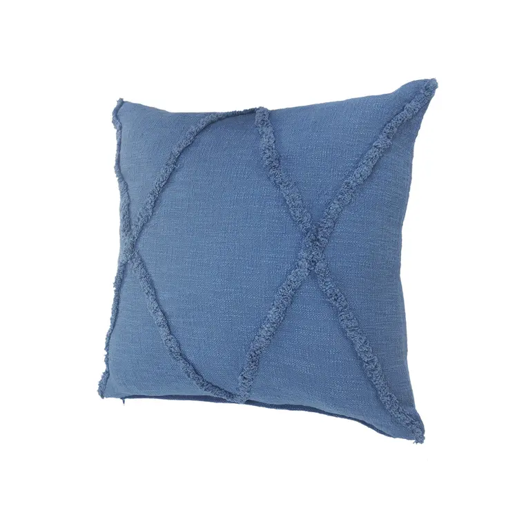 Set of Two Blue Diamond Cotton Throw Pillow With Fringe
