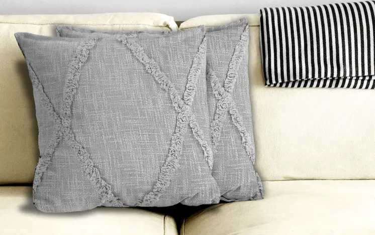 Set of Two Light Gray Diamond Cotton Throw Pillow With Fringe