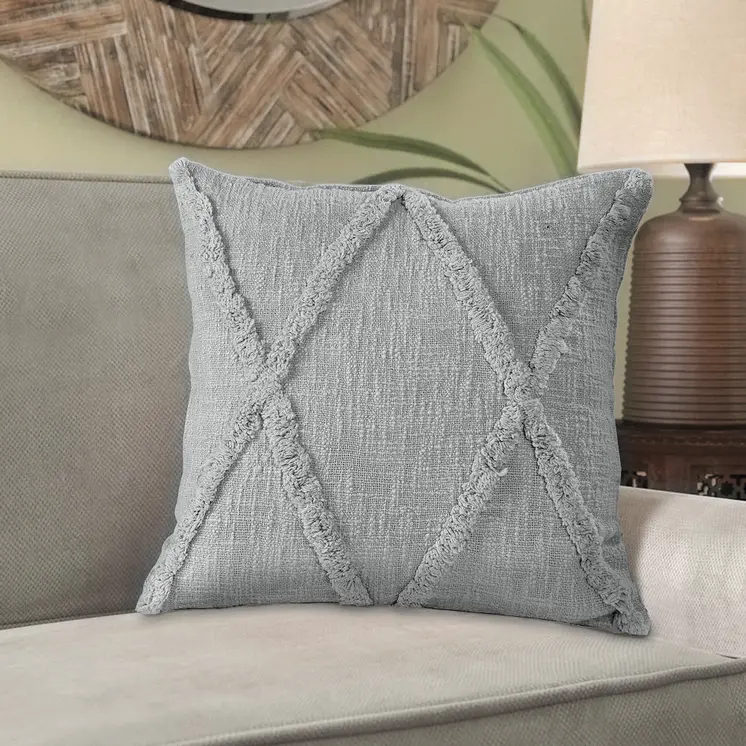 Set of Two Light Gray Diamond Cotton Throw Pillow With Fringe