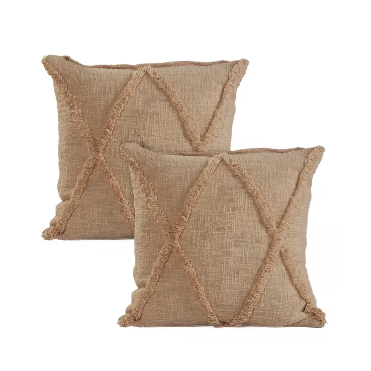 Set of Two Tan Diamond Cotton Throw Pillow With Fringe