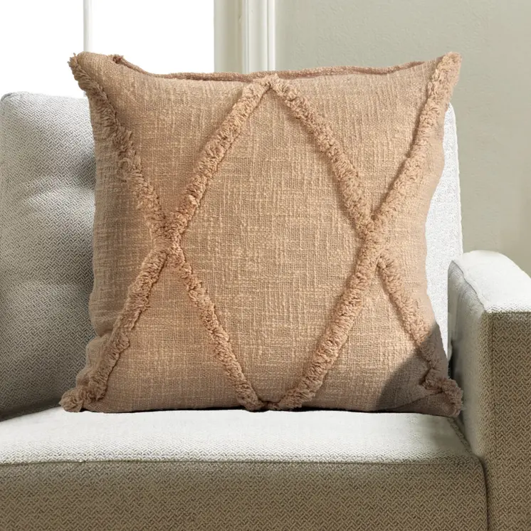 Set of Two Tan Diamond Cotton Throw Pillow With Fringe