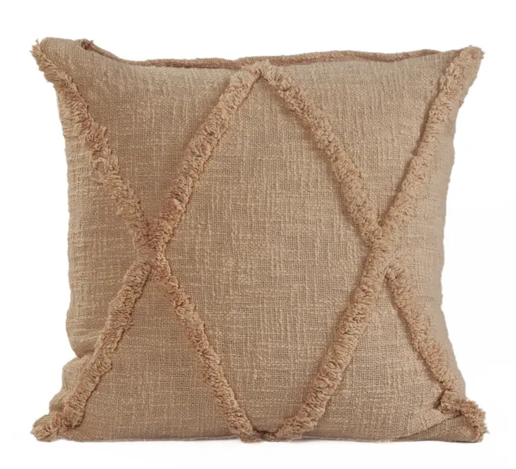 Set of Two Tan Diamond Cotton Throw Pillow With Fringe