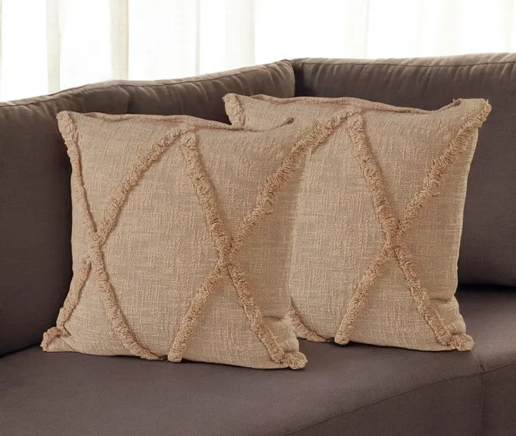 Set of Two Tan Diamond Cotton Throw Pillow With Fringe