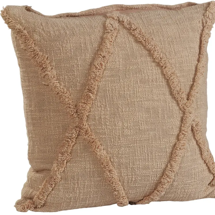 Set of Two Tan Diamond Cotton Throw Pillow With Fringe