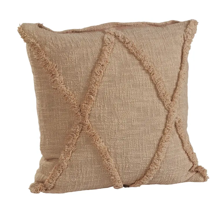 Set of Two Tan Diamond Cotton Throw Pillow With Fringe