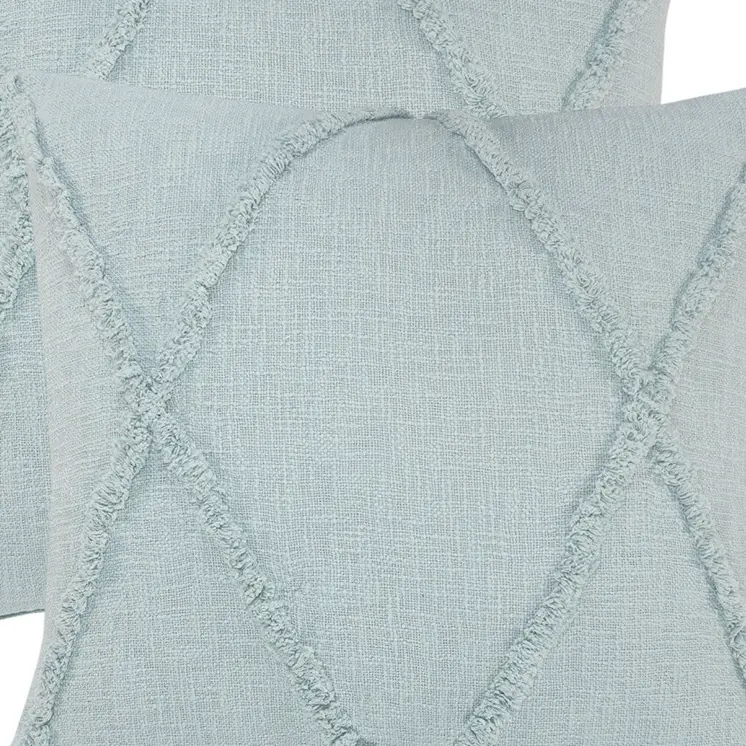 Set of Two Blue Diamond Cotton Throw Pillow With Fringe