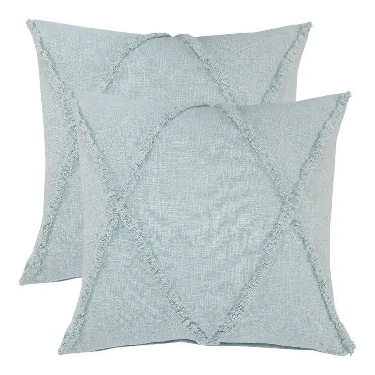 Set of Two Blue Diamond Cotton Throw Pillow With Fringe