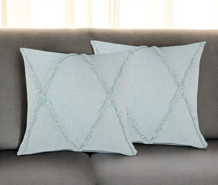 Set of Two Blue Diamond Cotton Throw Pillow With Fringe