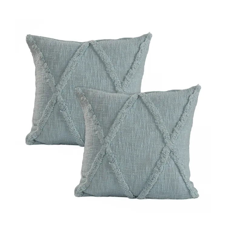 Set of Two Blue Diamond Cotton Throw Pillow With Fringe