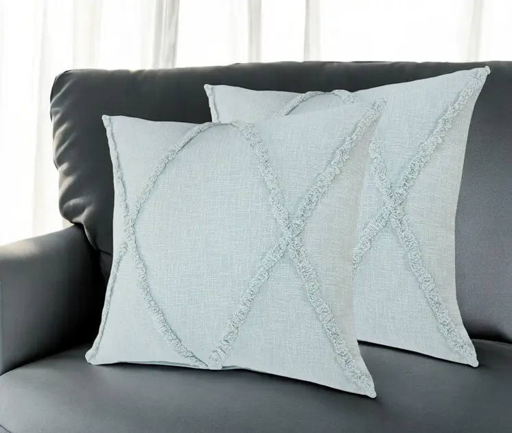 Set of Two Blue Diamond Cotton Throw Pillow With Fringe