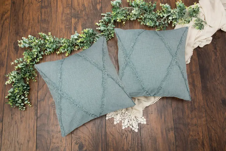 Set of Two Blue Diamond Cotton Throw Pillow With Fringe