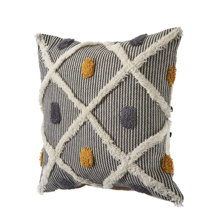 Set of Two Black and Yellow Striped Cotton Throw Pillows With Fringe