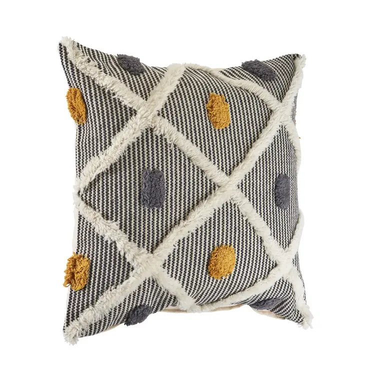 Set of Two Black and Yellow Striped Cotton Throw Pillows With Fringe