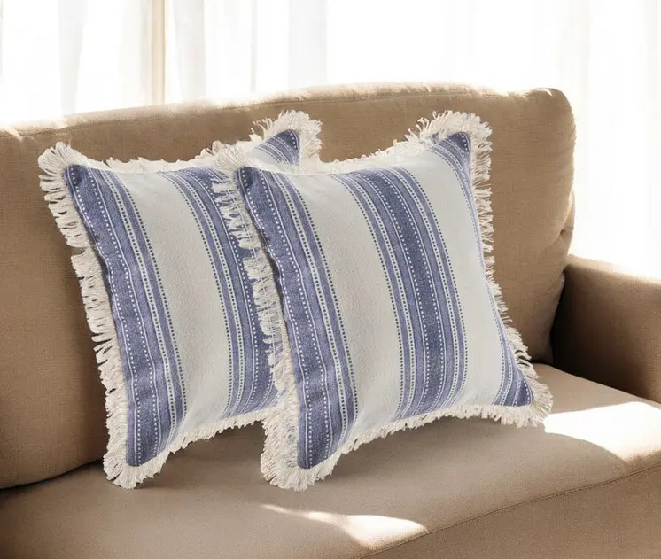 Set of Two 18" Blue and Cream Cotton Throw Pillows with Fringe