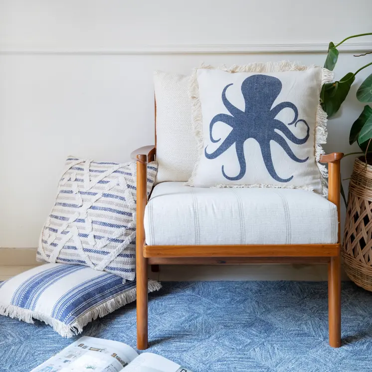 Set of Two 18" Blue and Cream Cotton Throw Pillows with Fringe