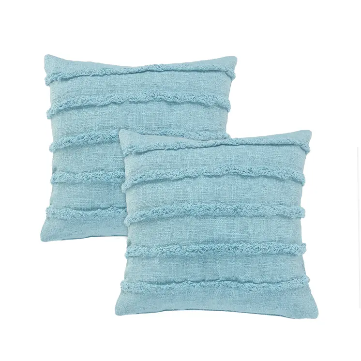 Set of Two 20" Blue Cotton Throw Pillows with Fringe And Texture