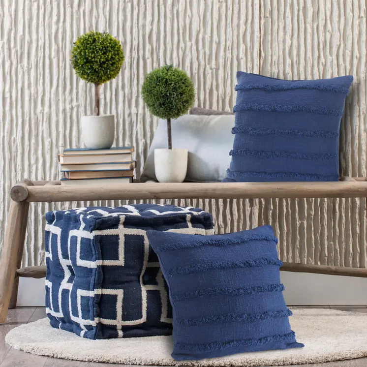 Set of Two Navy Blue Ribbed Cotton Throw Pillow With Fringe