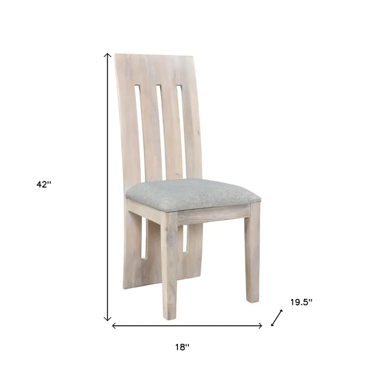 Set of Two Gray and Natural Fabric And Wood Slat Back Dining Side Chairs