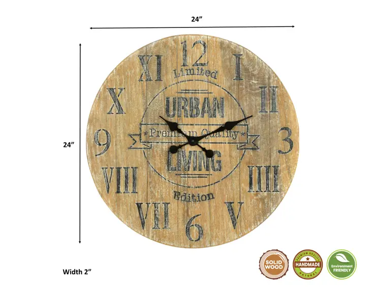 24" Natural Distressed Solid Wood Silent Analog Round Wall Clock