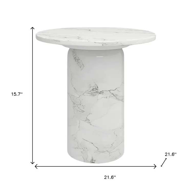 16" White Marble and Wood Round Pedestal End Table