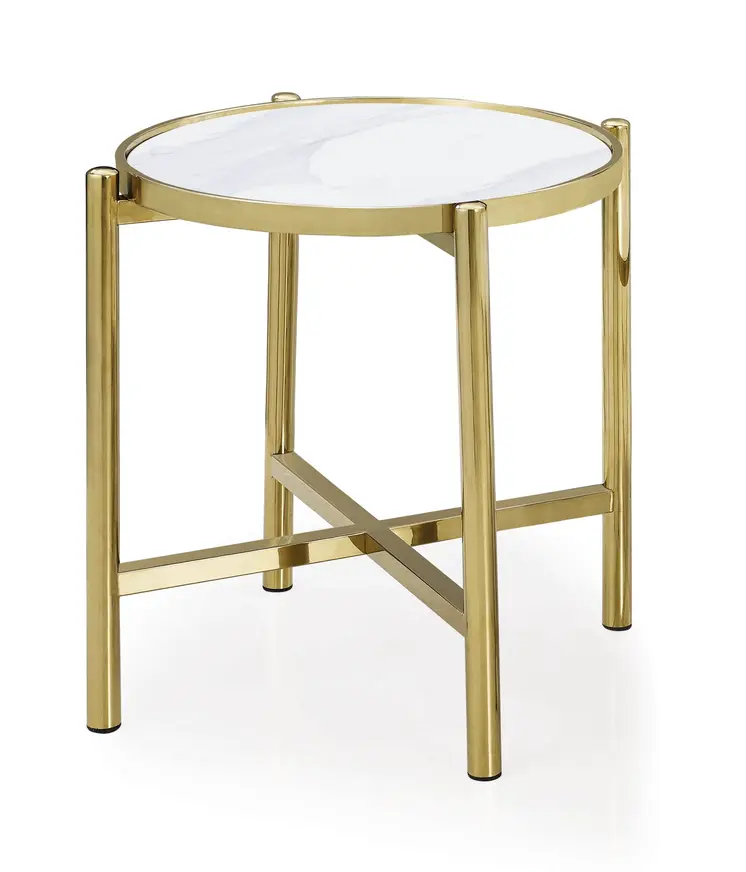 22" Gold And White Faux Marble Ceramic and Metal Cross Legs Round End Table