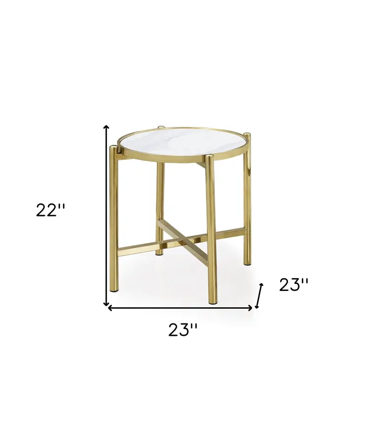 22" Gold And White Faux Marble Ceramic and Metal Cross Legs Round End Table