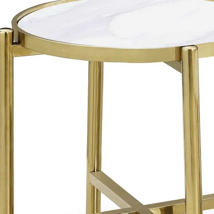 22" Gold And White Faux Marble Ceramic and Metal Cross Legs Round End Table