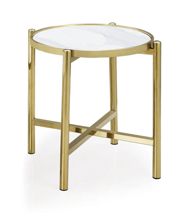 22" Gold And White Faux Marble Ceramic and Metal Cross Legs Round End Table