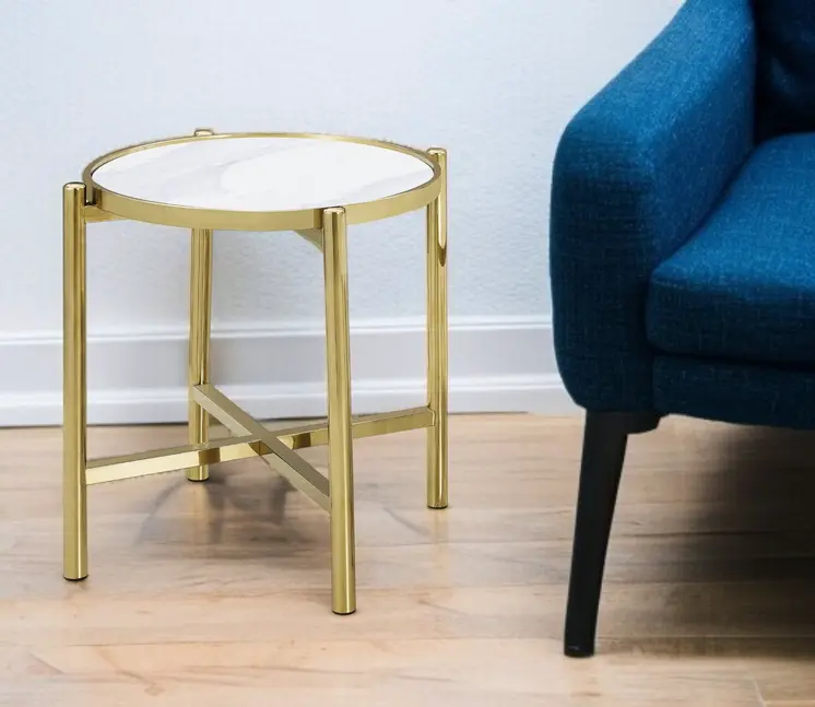 22" Gold And White Faux Marble Ceramic and Metal Cross Legs Round End Table