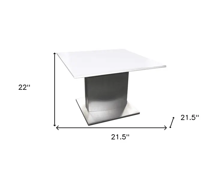 22" White And Silver Marble And Metal Square Pedestal End Table