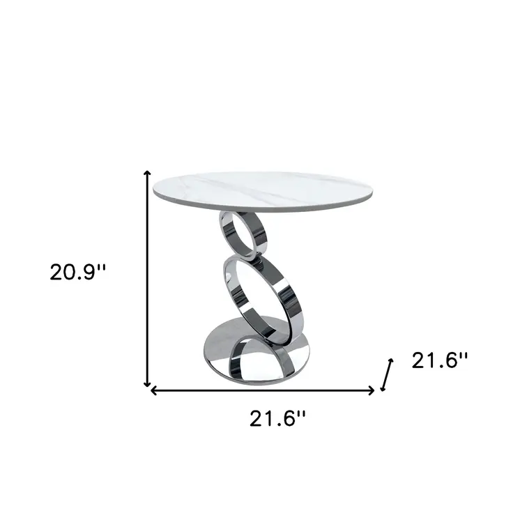 21" White And Silver Stone And Stainless Steel Round Pedestal End Table