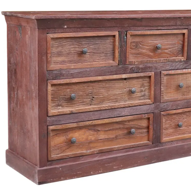 64" Brown Distressed Solid and Reclaimed Wood Seven Drawer Double Dresser