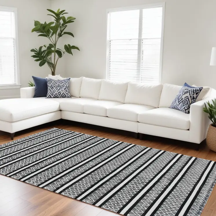 8' X 10' Black and White Wool Geometric Stripe Hand Loomed Area Rug