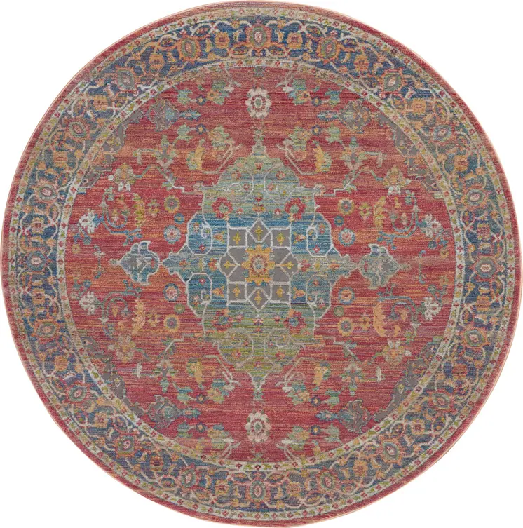 4' Blue and Red Floral Medallion Distressed Non Skid Round Rug
